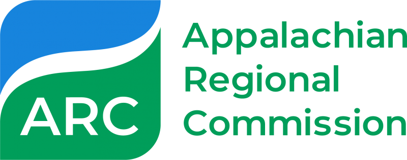 Rounded square with blue in the top left, a stripe of white in the middle, and green in the lower half with ARC in white lettering. Next to the square reads Appalachian Regional Commission