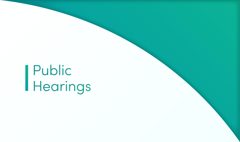 A blue arch over blue text reading: "Public Hearings"
