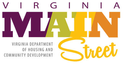 Purple, green, yellow and orange text reads: Virginia Main Street; the Virginia Department of Housing and Community Development