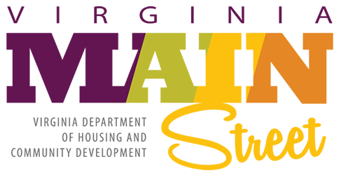 Virginia Main Street Logo, reads: Virginia Main Street Virginia Department of Housing and Community Development in purple, green, yellow and orange font