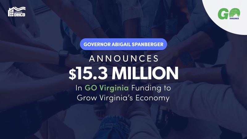 White text over a dark blue background featuring people putting their hands in the center of a circle. Text reads: "Governor Abigail Spanberger Announces $15.3 million in GO Virginia Funding to Grow Virginia's Economy."